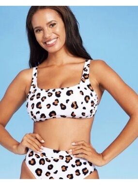 Ribbed Bralette Leopard Print Bikini Top and High Waist Bottoms - White/Tan NWT